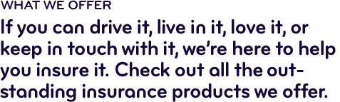 What we offer: If you can drive it or live in it, we’re here to insure it. Check out some of the other outstanding insurance products that we offer. What we offer: If you can drive it or live in it, we’re here to insure it. Check out some of the other outstanding insurance products that we offer.